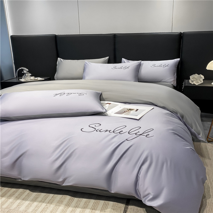 91家纺网 家纺一手货源 找家纺 古吉梦 2023新款S洛卡棉双拼四件套 S标-紫语+浅灰