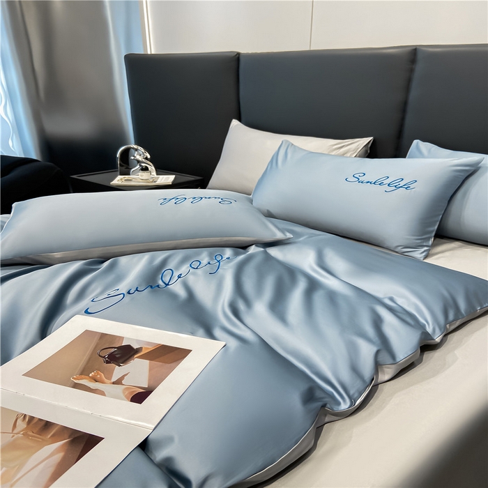 91家纺网 家纺一手货源 找家纺 古吉梦 2023新款S洛卡棉双拼四件套 S标-海青+浅灰