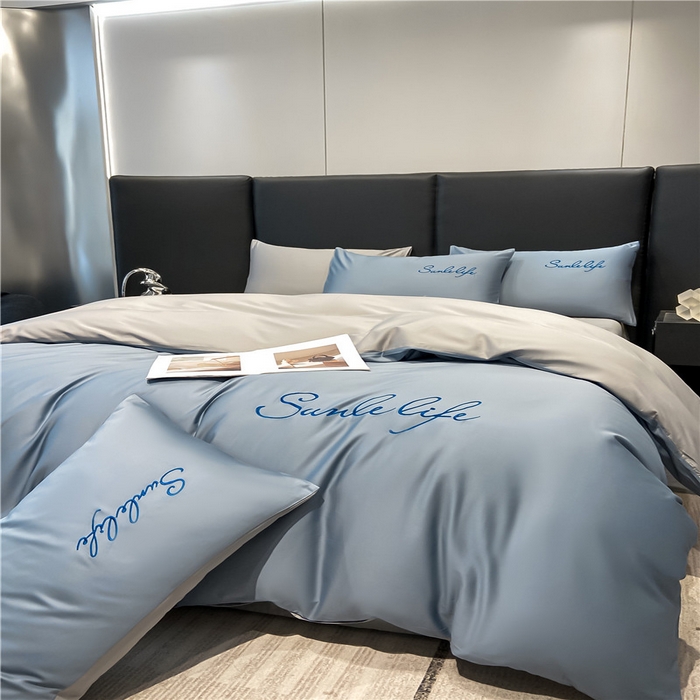 91家纺网 家纺一手货源 找家纺 古吉梦 2023新款S洛卡棉双拼四件套 S标-海青+浅灰