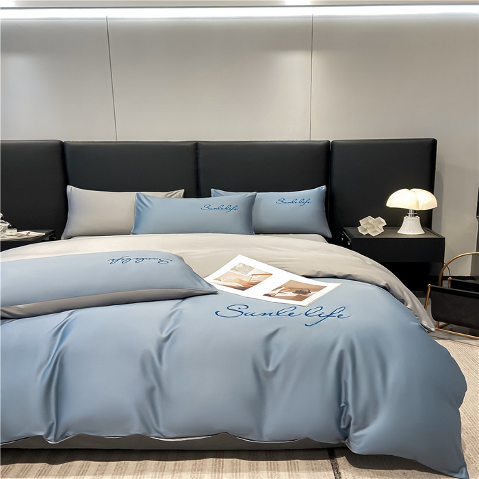 91家纺网 家纺一手货源 找家纺 古吉梦 2023新款S洛卡棉双拼四件套 S标-海青+浅灰