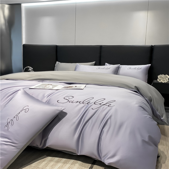 91家纺网 家纺一手货源 找家纺 古吉梦 2023新款S洛卡棉双拼四件套 S标-紫语+浅灰