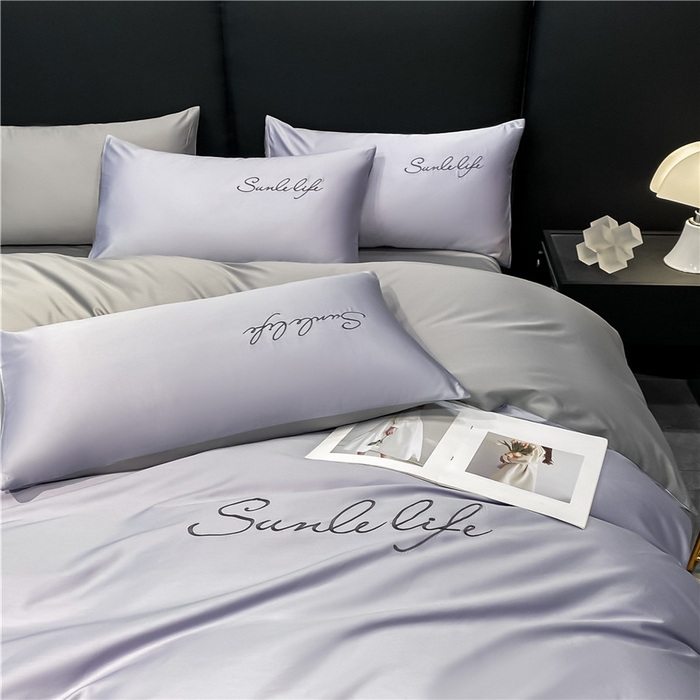 91家纺网 家纺一手货源 找家纺 古吉梦 2023新款S洛卡棉双拼四件套 S标-紫语+浅灰