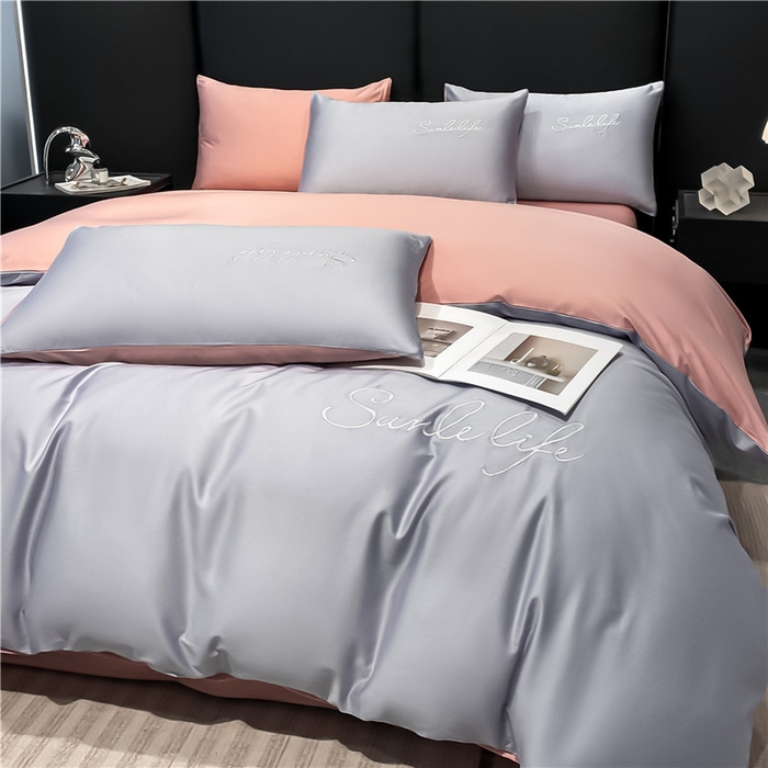 91家纺网 家纺一手货源 找家纺 古吉梦 2023新款S洛卡棉双拼四件套 S标-紫语+藕粉