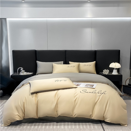 91家纺网 家纺一手货源 找家纺 古吉梦 2023新款S洛卡棉双拼四件套 S标-浅香槟+流光灰-