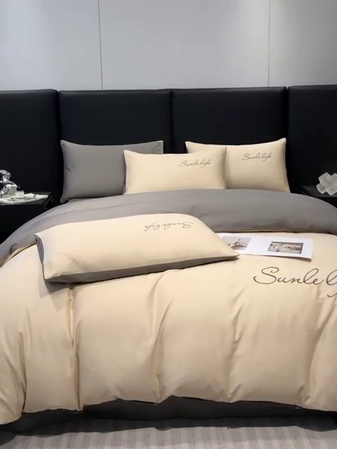 91家纺网 家纺一手货源 找家纺 古吉梦 2023新款S洛卡棉双拼四件套 S标-浅香槟+流光灰-