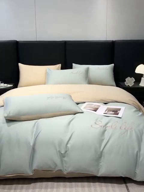 91家纺网 家纺一手货源 找家纺 古吉梦 2023新款S洛卡棉双拼四件套 S标-梵星蓝+浅香槟