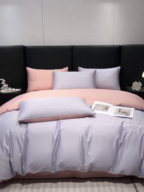 91家纺网 家纺一手货源 找家纺 古吉梦 2023新款S洛卡棉双拼四件套 S标-紫语+藕粉