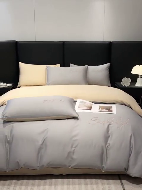 91家纺网 家纺一手货源 找家纺 古吉梦 2023新款S洛卡棉双拼四件套 S标-浅灰+浅香槟