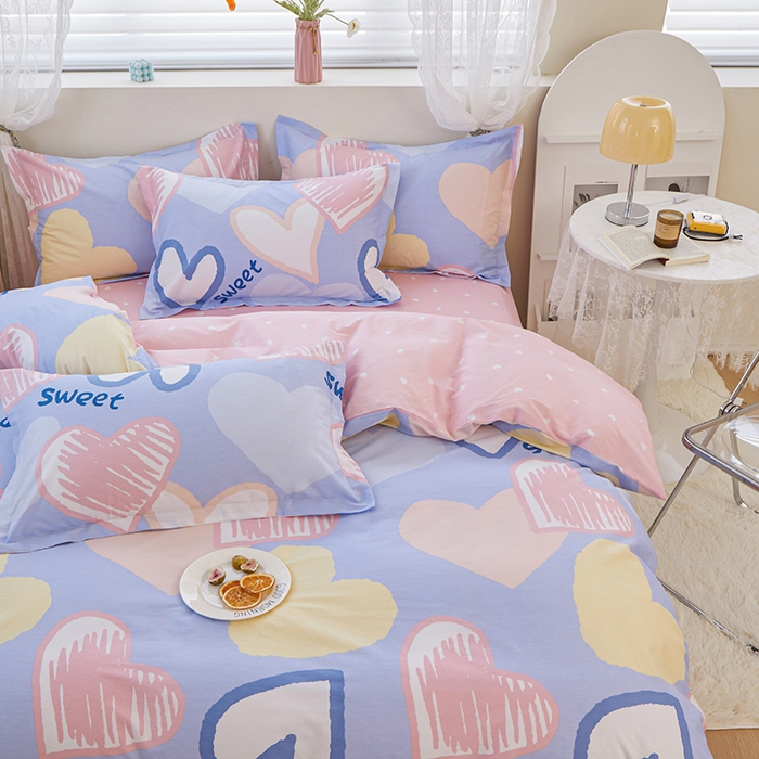 91家纺网 家纺一手货源 找家纺 钰伶 2025新款全棉13372印花纯棉床单床笠款四件套 恋心-紫