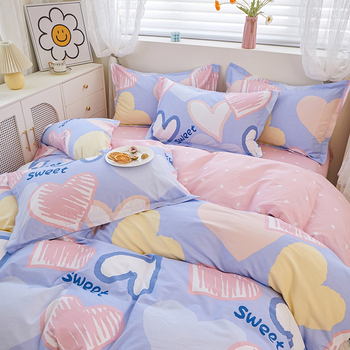 91家纺网 家纺一手货源 找家纺 钰伶 2025新款全棉13372印花纯棉床单床笠款四件套 恋心-紫