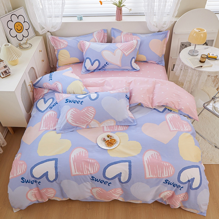 91家纺网 家纺一手货源 找家纺 钰伶 2025新款全棉13372印花纯棉床单床笠款四件套 恋心-紫