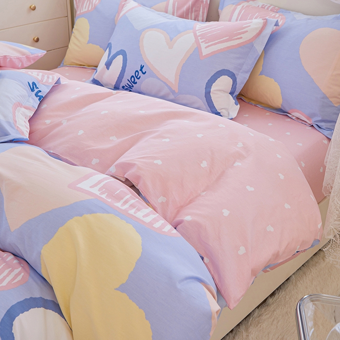 91家纺网 家纺一手货源 找家纺 钰伶 2025新款全棉13372印花纯棉床单床笠款四件套 恋心-紫