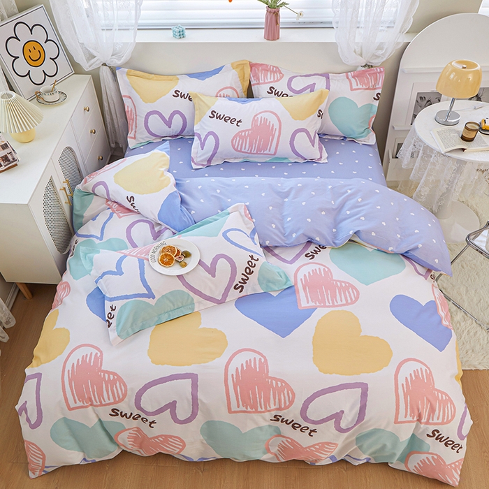 91家纺网 家纺一手货源 找家纺 钰伶 2025新款全棉13372印花纯棉床单床笠款四件套 恋心-白