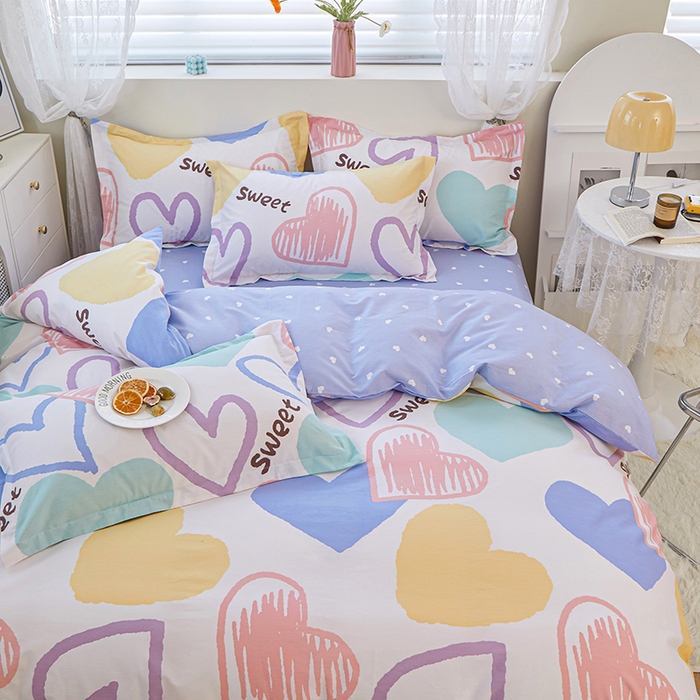 91家纺网 家纺一手货源 找家纺 钰伶 2025新款全棉13372印花纯棉床单床笠款四件套 恋心-白