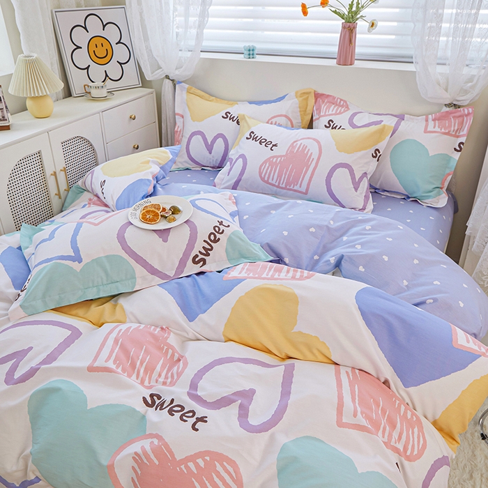 91家纺网 家纺一手货源 找家纺 钰伶 2025新款全棉13372印花纯棉床单床笠款四件套 恋心-白