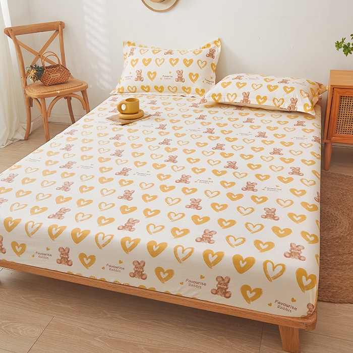 91家纺网 家纺一手货源 找家纺 梦舒羽 2025新款水洗棉麻防尘抗菌床笠全包床罩 爱心兔