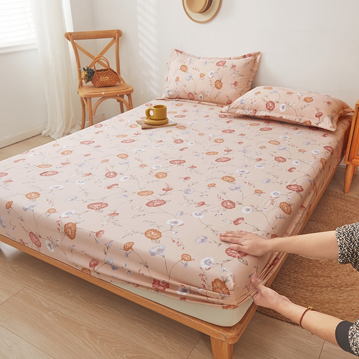 91家纺网 家纺一手货源 找家纺 梦舒羽 2025新款水洗棉麻防尘抗菌床笠全包床罩 牵牛花