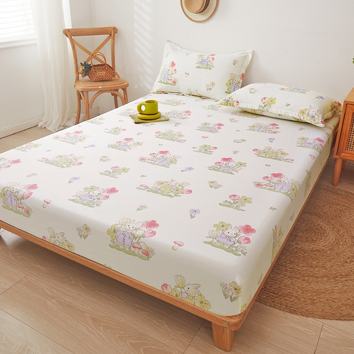 91家纺网 家纺一手货源 找家纺 梦舒羽 2025新款水洗棉麻防尘抗菌床笠全包床罩 花中兔