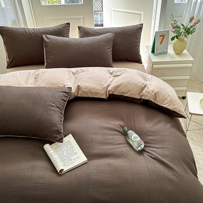 91家纺网 家纺一手货源 找家纺 米粒家纺 2023新款AB版华夫格四件套 金咖