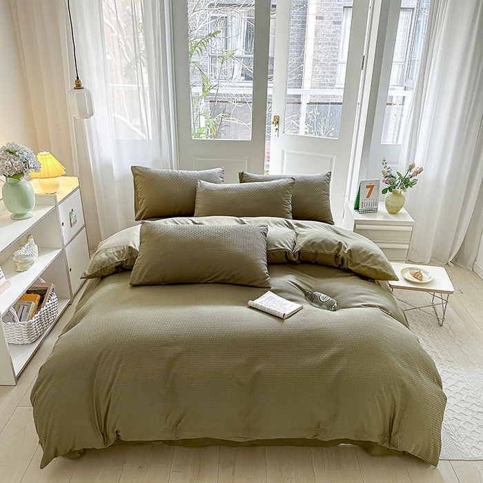 91家纺网 家纺一手货源 找家纺 米粒家纺 2023新款AB版华夫格四件套 琉璃绿