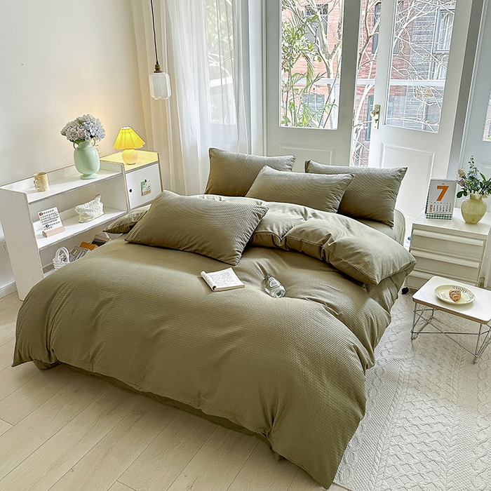 91家纺网 家纺一手货源 找家纺 米粒家纺 2023新款AB版华夫格四件套 琉璃绿