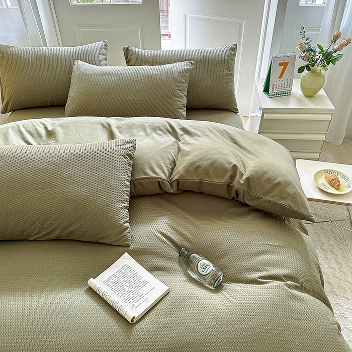 91家纺网 家纺一手货源 找家纺 米粒家纺 2023新款AB版华夫格四件套 琉璃绿