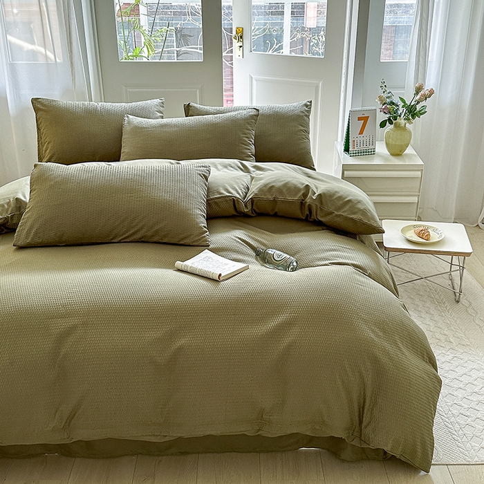 91家纺网 家纺一手货源 找家纺 米粒家纺 2023新款AB版华夫格四件套 琉璃绿