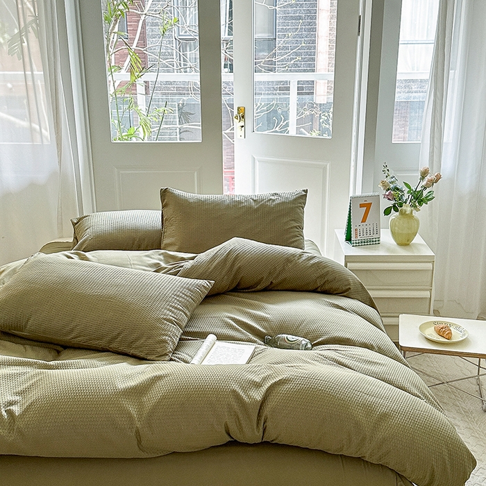 91家纺网 家纺一手货源 找家纺 米粒家纺 2023新款AB版华夫格四件套 琉璃绿