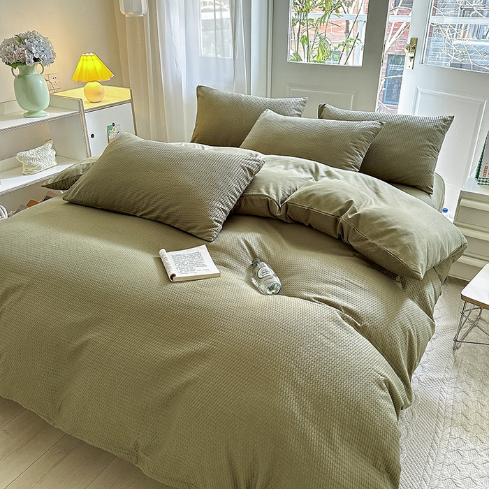 91家纺网 家纺一手货源 找家纺 米粒家纺 2023新款AB版华夫格四件套 琉璃绿