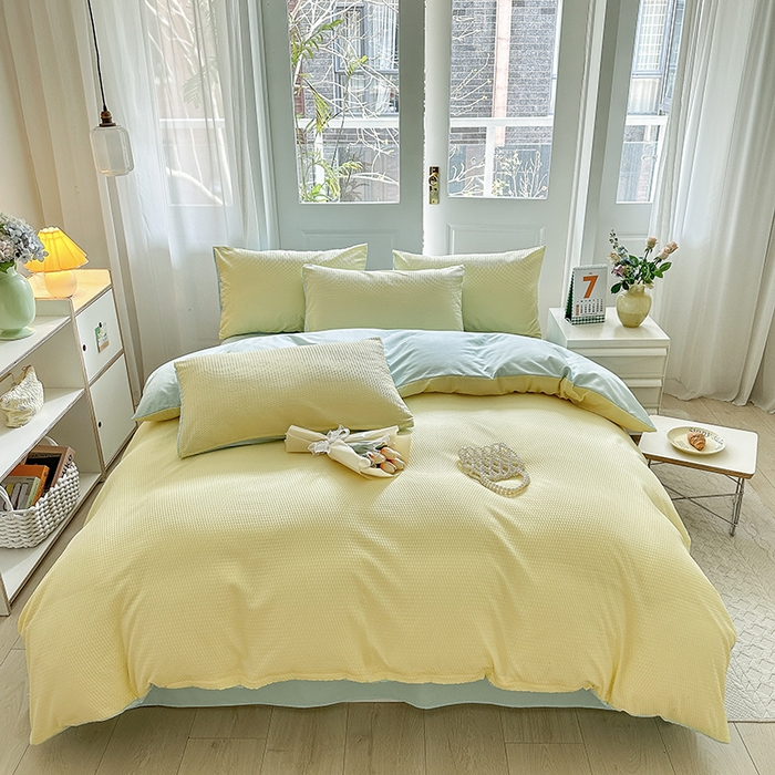 91家纺网 家纺一手货源 找家纺 米粒家纺 2023新款AB版华夫格四件套 奶黄