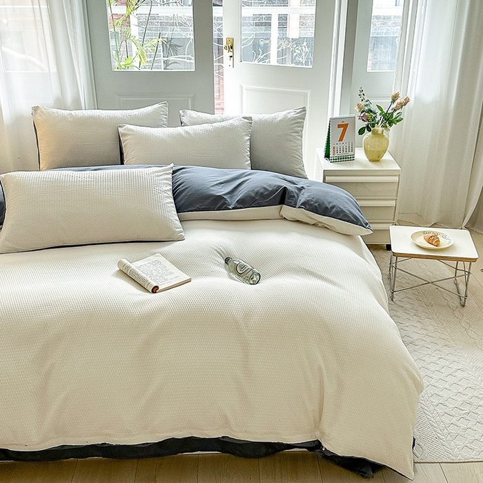 91家纺网 家纺一手货源 找家纺 米粒家纺 2023新款AB版华夫格四件套 奶油白