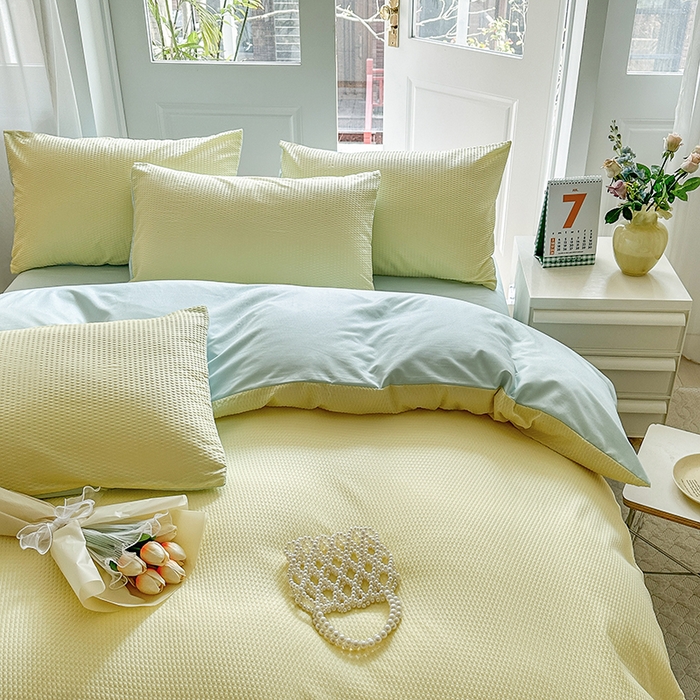 91家纺网 家纺一手货源 找家纺 米粒家纺 2023新款AB版华夫格四件套 奶黄