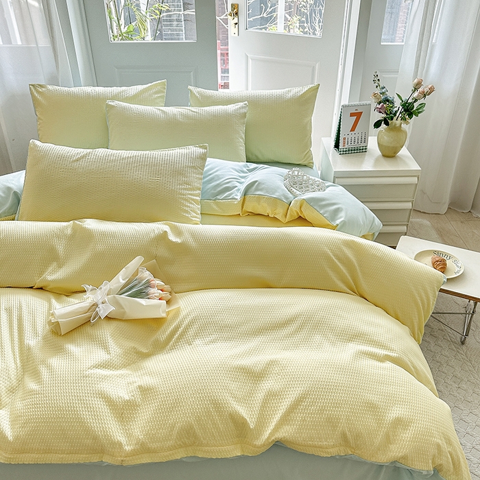 91家纺网 家纺一手货源 找家纺 米粒家纺 2023新款AB版华夫格四件套 奶黄