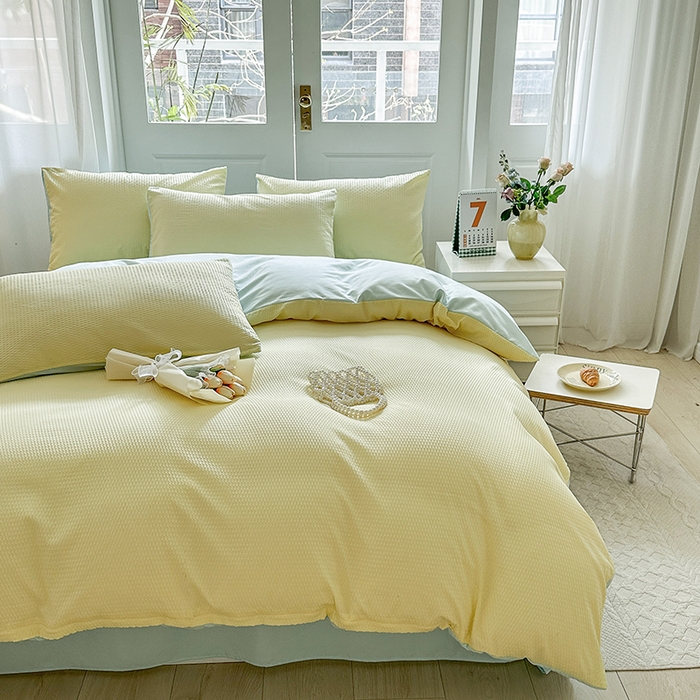 91家纺网 家纺一手货源 找家纺 米粒家纺 2023新款AB版华夫格四件套 奶黄