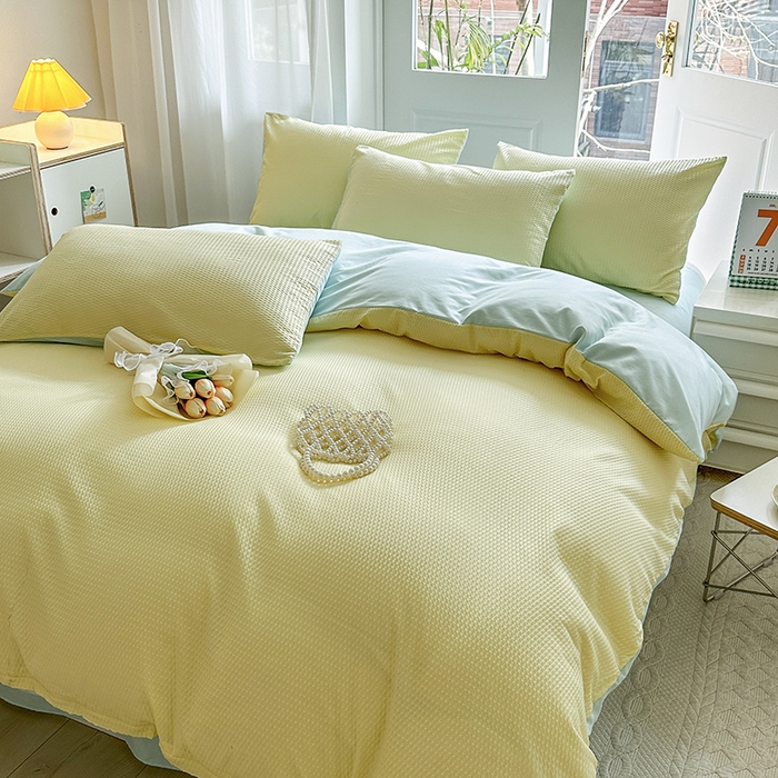 91家纺网 家纺一手货源 找家纺 米粒家纺 2023新款AB版华夫格四件套 奶黄