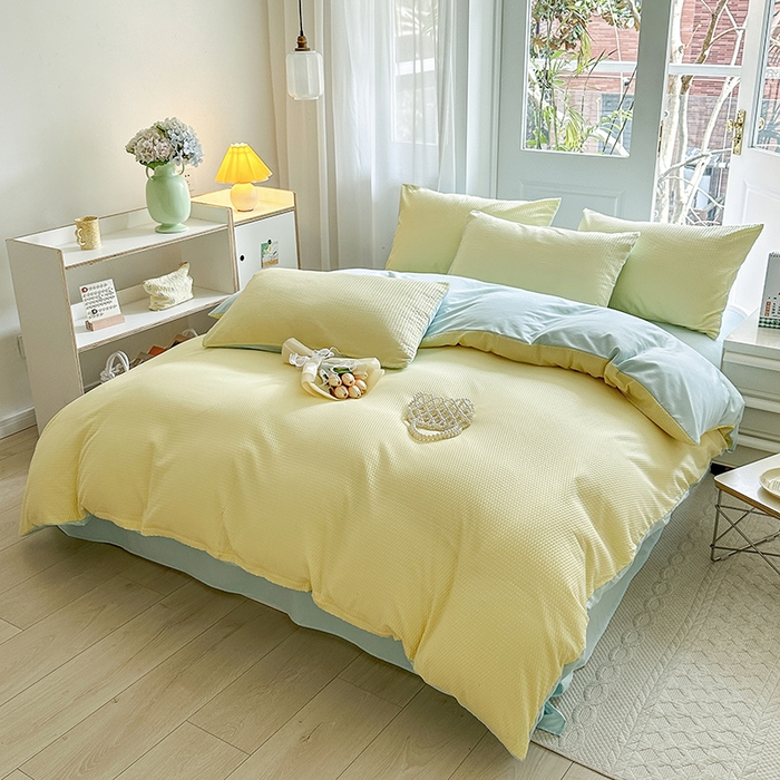 91家纺网 家纺一手货源 找家纺 米粒家纺 2023新款AB版华夫格四件套 奶黄