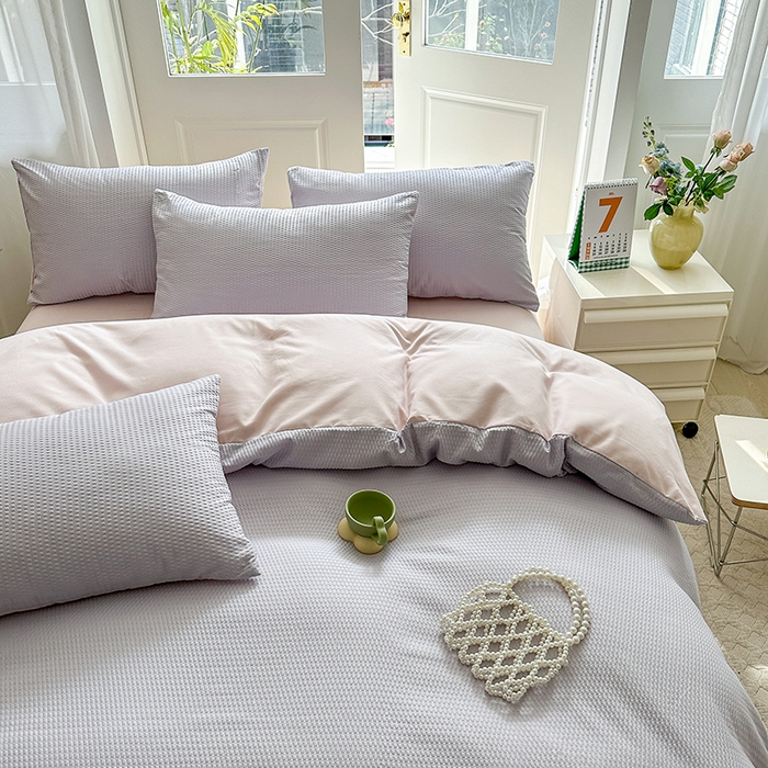 91家纺网 家纺一手货源 找家纺 米粒家纺 2023新款AB版华夫格四件套 浅紫