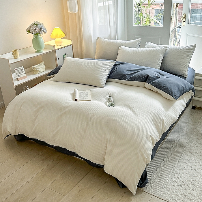 91家纺网 家纺一手货源 找家纺 米粒家纺 2023新款AB版华夫格四件套 奶油白