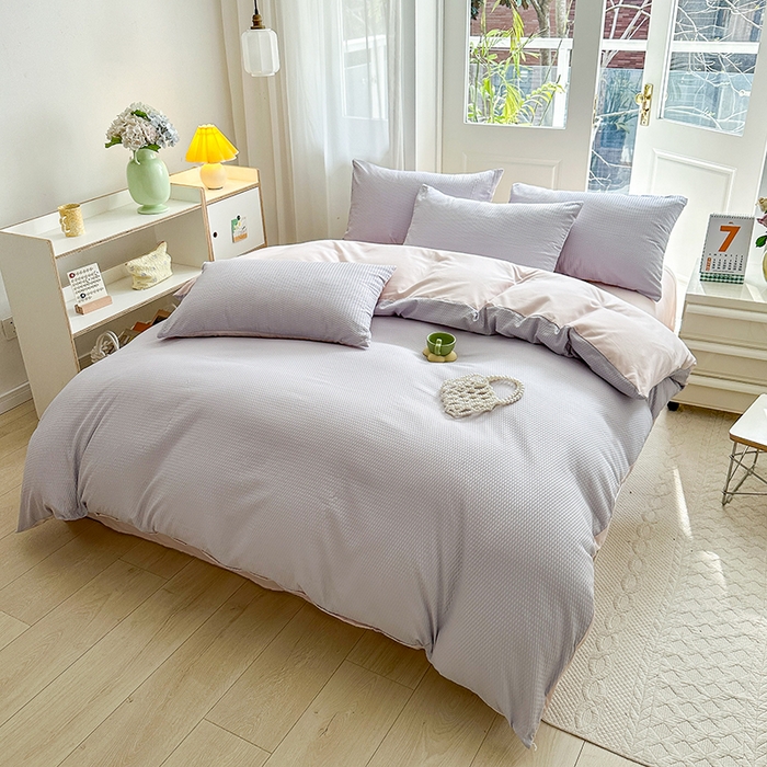 91家纺网 家纺一手货源 找家纺 米粒家纺 2023新款AB版华夫格四件套 浅紫