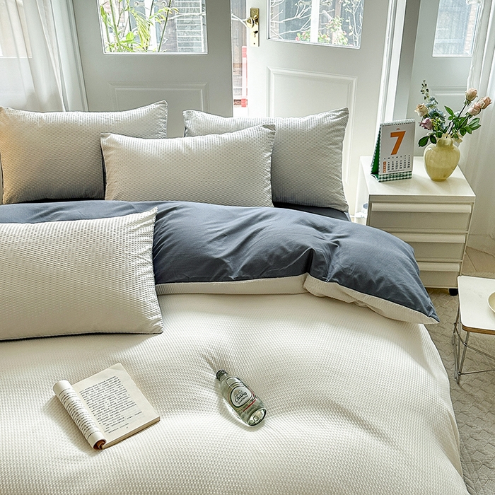 91家纺网 家纺一手货源 找家纺 米粒家纺 2023新款AB版华夫格四件套 奶油白