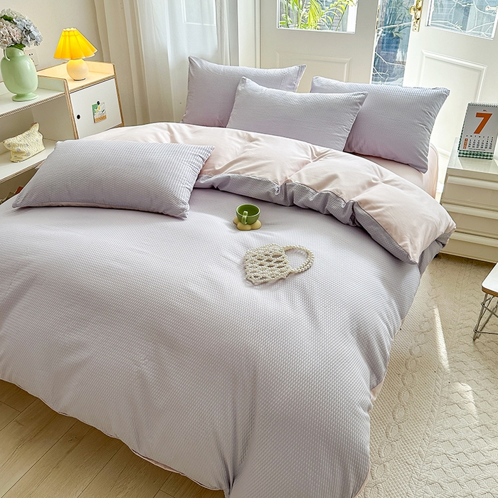 91家纺网 家纺一手货源 找家纺 米粒家纺 2023新款AB版华夫格四件套 浅紫