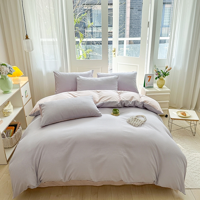 91家纺网 家纺一手货源 找家纺 米粒家纺 2023新款AB版华夫格四件套 浅紫