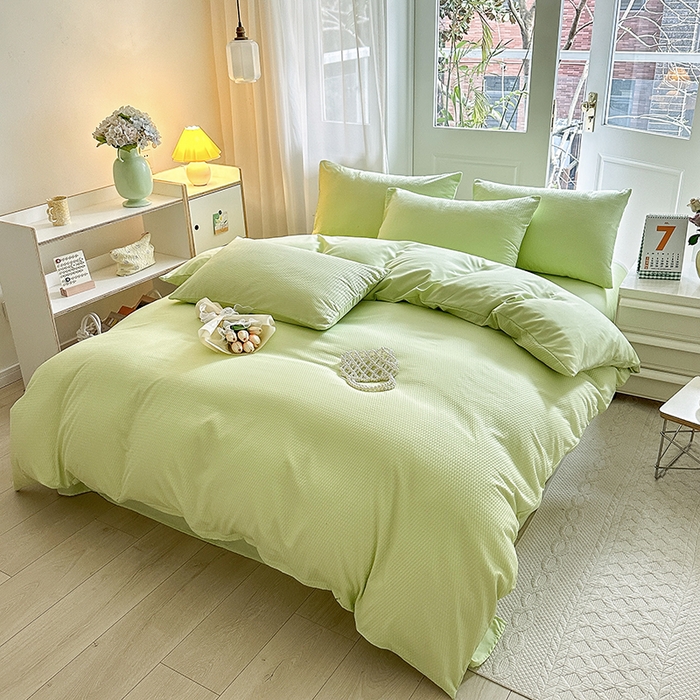 91家纺网 家纺一手货源 找家纺 米粒家纺 2023新款AB版华夫格四件套 清新绿