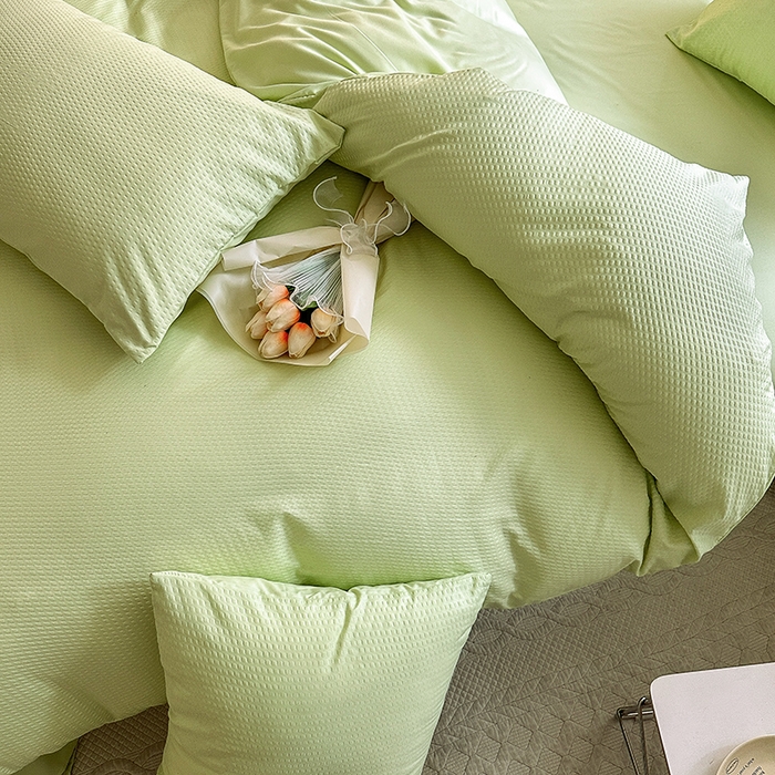 91家纺网 家纺一手货源 找家纺 米粒家纺 2023新款AB版华夫格四件套 清新绿