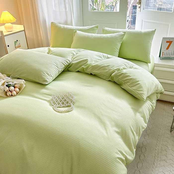 91家纺网 家纺一手货源 找家纺 米粒家纺 2023新款AB版华夫格四件套 清新绿