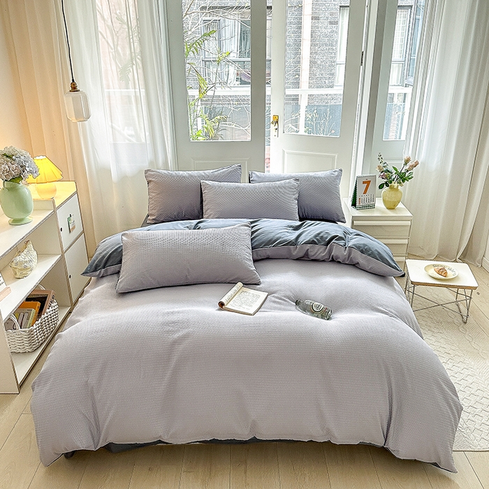 91家纺网 家纺一手货源 找家纺 米粒家纺 2023新款AB版华夫格四件套 梧桐紫