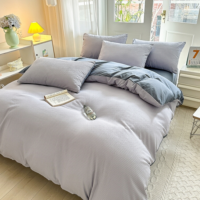 91家纺网 家纺一手货源 找家纺 米粒家纺 2023新款AB版华夫格四件套 梧桐紫