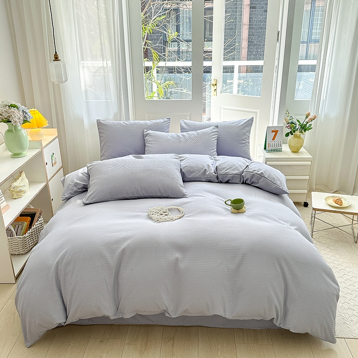 91家纺网 家纺一手货源 找家纺 米粒家纺 2023新款AB版华夫格四件套 银色