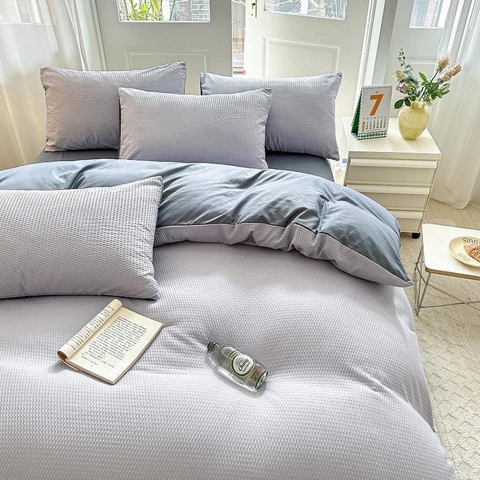 91家纺网 家纺一手货源 找家纺 米粒家纺 2023新款AB版华夫格四件套 梧桐紫