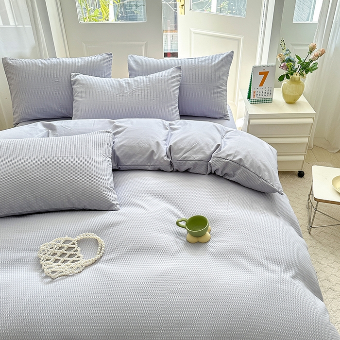 91家纺网 家纺一手货源 找家纺 米粒家纺 2023新款AB版华夫格四件套 银色